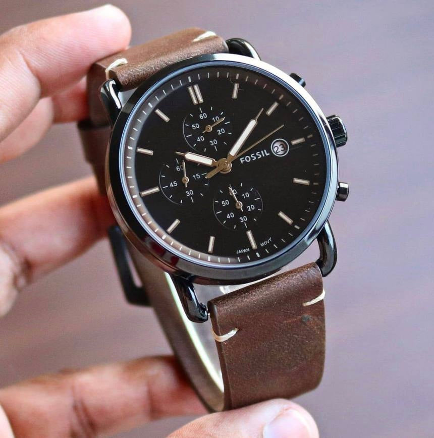 FOSSIL COMMUTER Black Dial Brown Colored Strap
