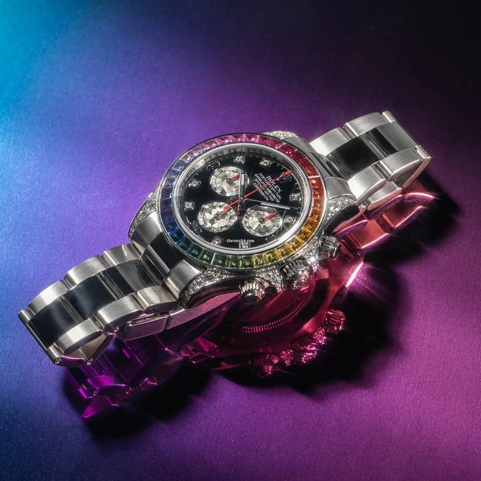 Rolex Rainbow Chronograph Daytona Black Dial Stainless Steel Men's Watch